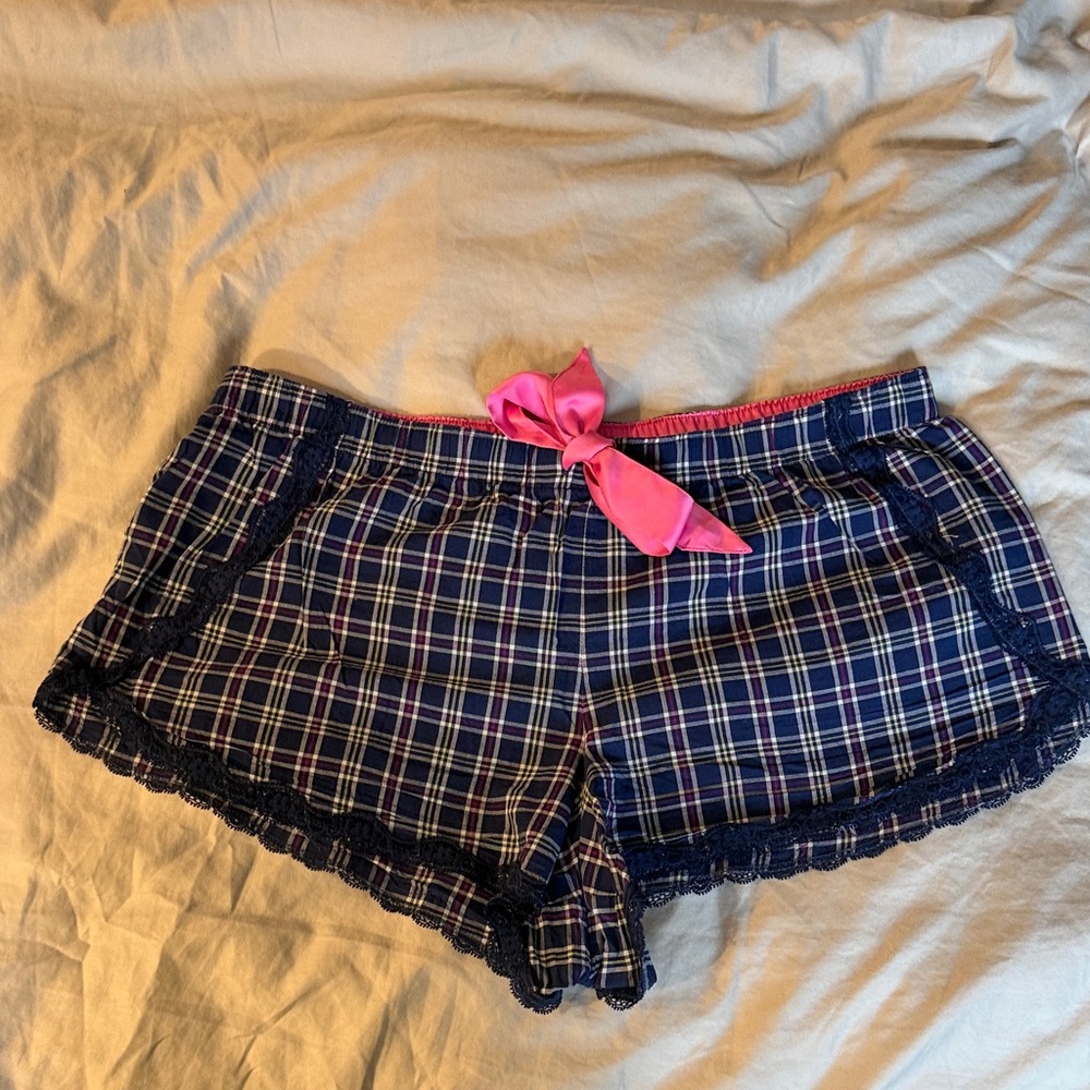 Victoria's Secret Navy Plaid Lounge Shorts with Pink Bow